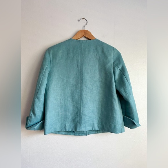 TALBOTS Teal Linen 3/4 Sleeve Blazer Collarless Career Feminine Retro 6 Petite - Picture 3 of 13